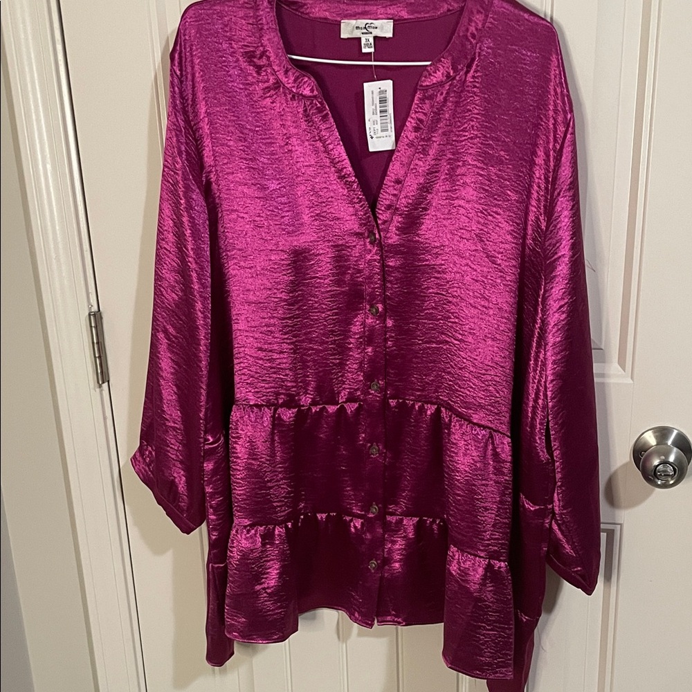 Moa Moa Fuchsia Satin Button-Front Tiered Tunic